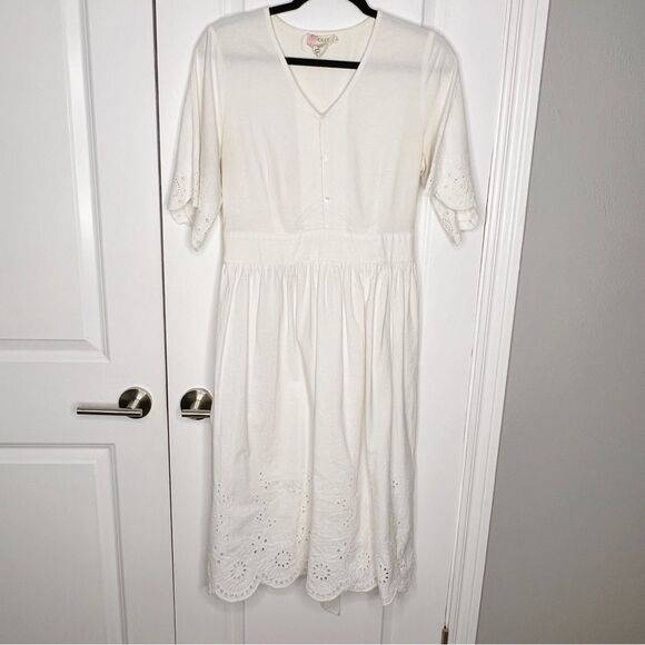 Roolee FLOWER EMBROIDERED EYELET SCALLOP EDGE MIDI DRESS Size L Cotton - Picture 2 of 7